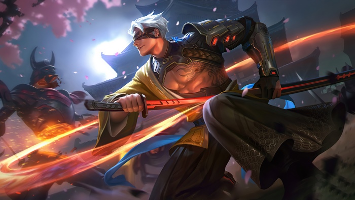 Warrior with blindfold and sword fighting another warrior