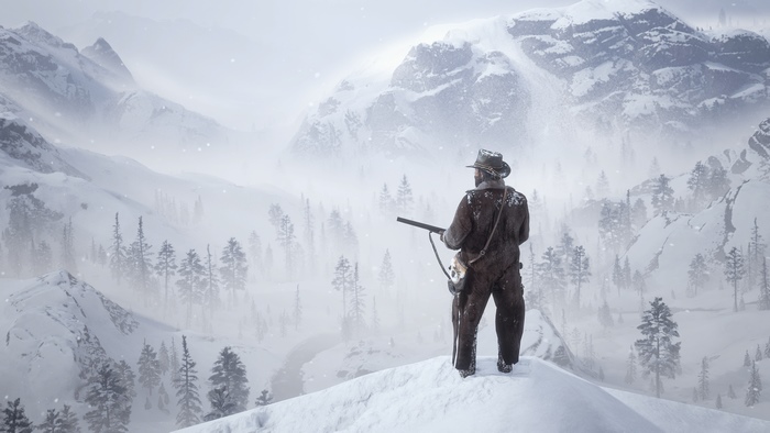 Man with rifle in snowy mountains from Red Dead Redemption 2