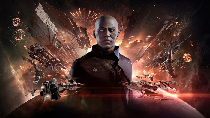 Man in uniform with spaceships and fireworks