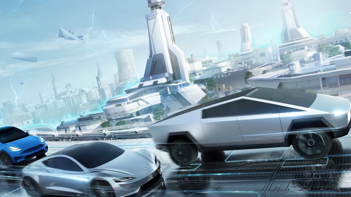 Tesla Cybertruck and other Tesla cars in futuristic city
