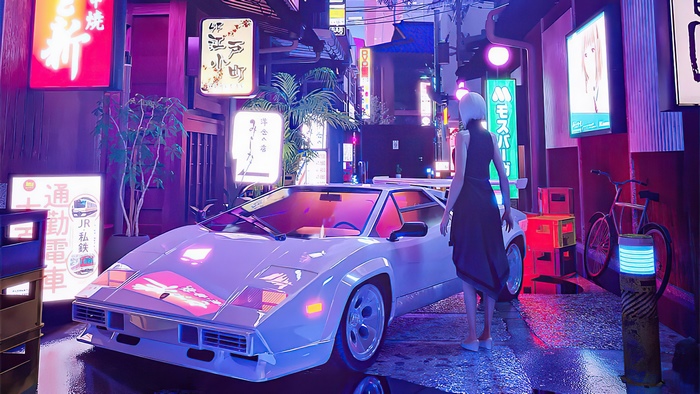 Cyberpunk street with a woman and a white sports car