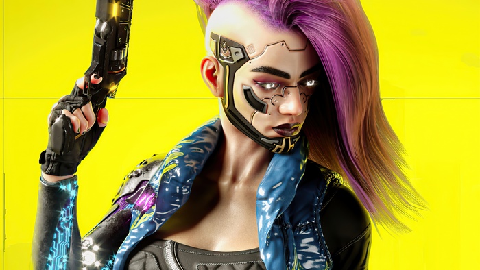 Female character from Cyberpunk 2077 holding a gun