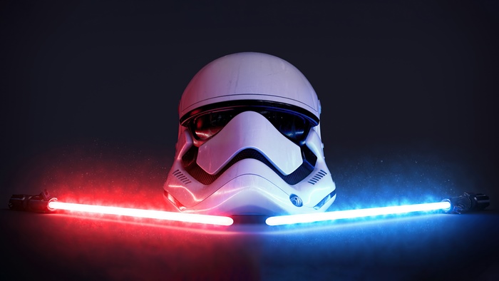 Star Wars Stormtrooper Helmet with Red and Blue Lightsabers 4K