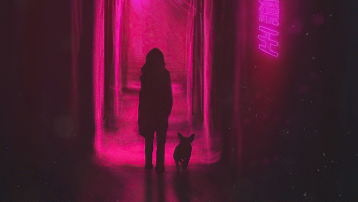 Person and dog in neon hallway