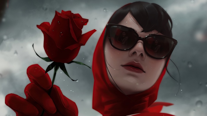 Digital art of a woman holding a red rose