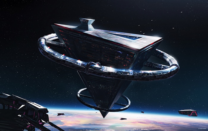 Sci-fi space station orbiting a planet
