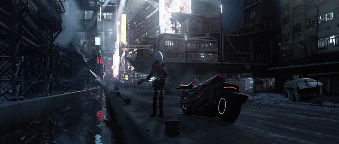 Anime girl with futuristic motorcycle in scifi city