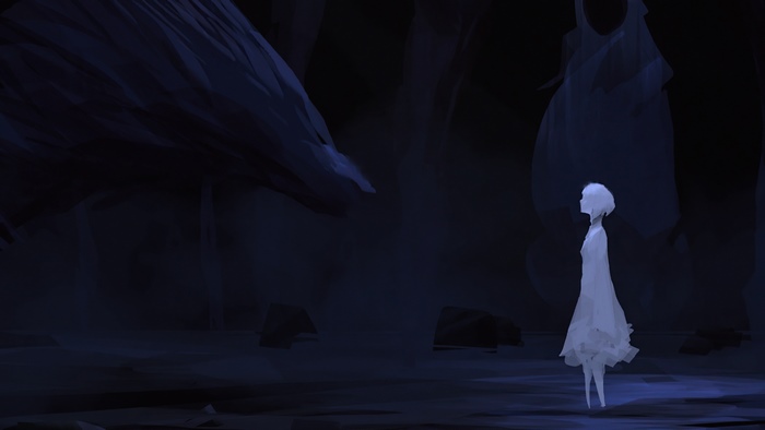 A ghostly figure confronts a large, dark creature