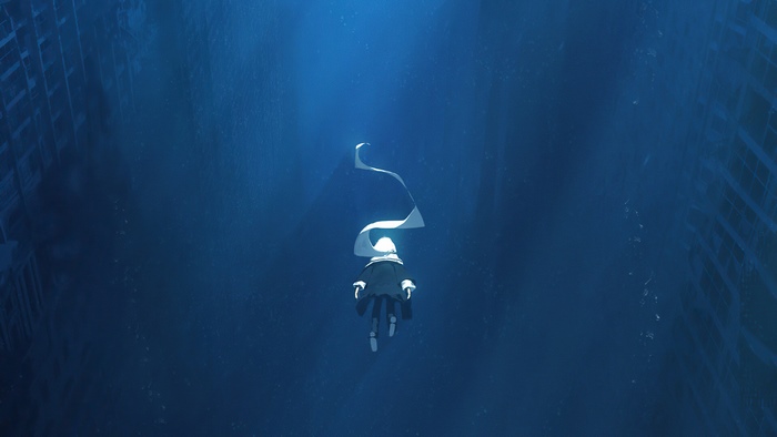 Figure falling in a dark blue abyss