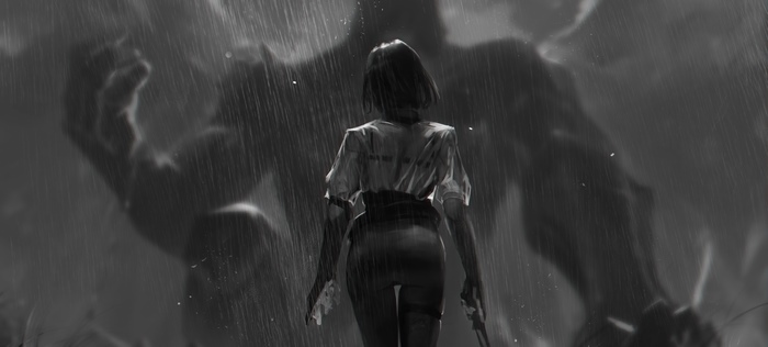 Monochrome artwork of a warrior in the rain