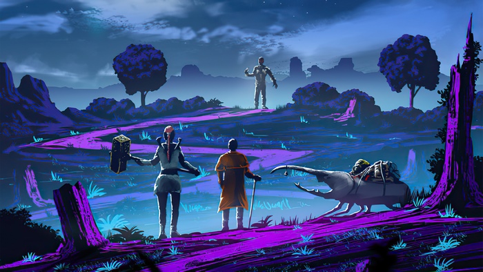 Alien landscape with travelers and insectoid mount