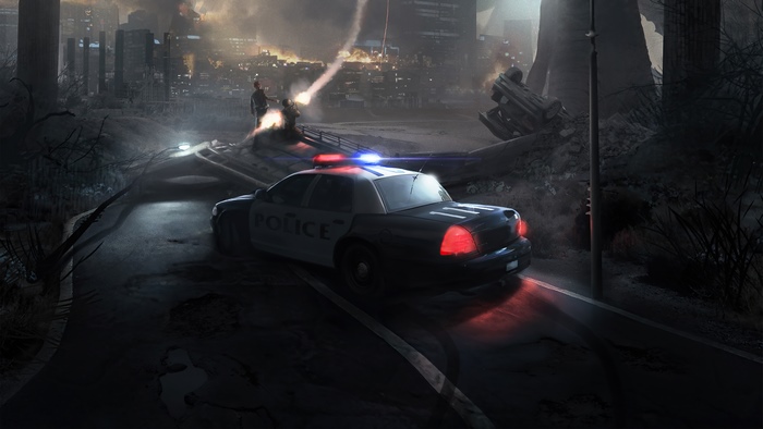 Post-apocalyptic scene with police car and destroyed city