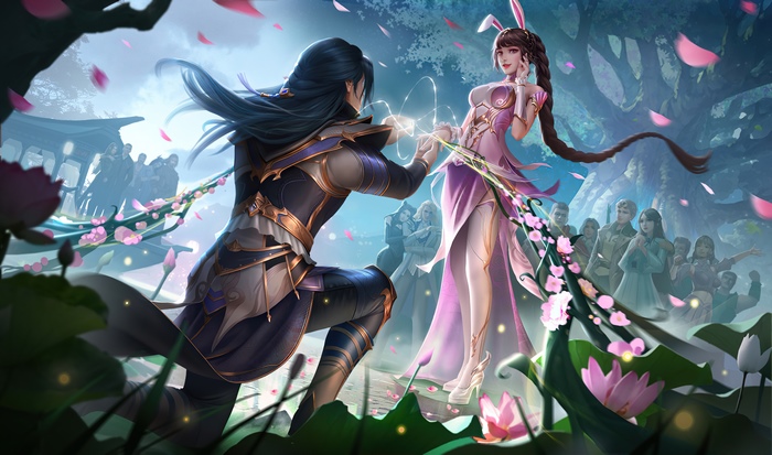 Couple in fantasy attire with lotus flowers