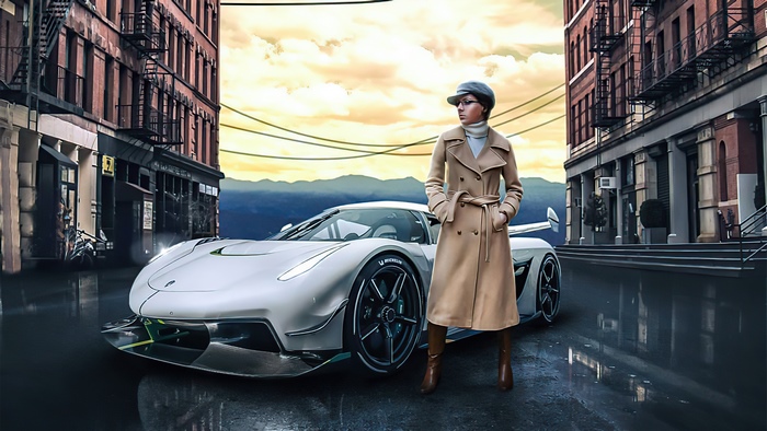 Woman in trench coat with Koenigsegg Jesko in city