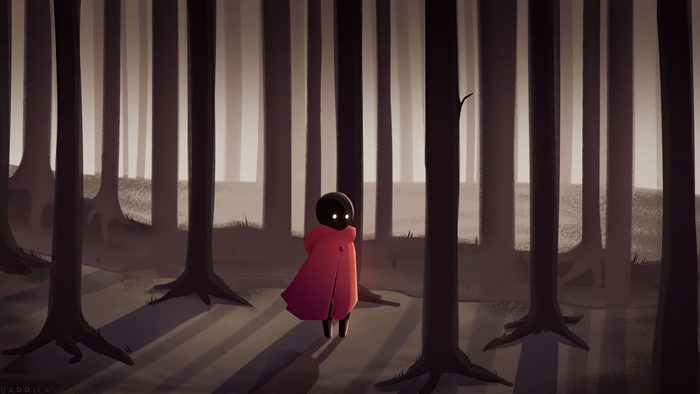 Figure in red cloak in a dark forest