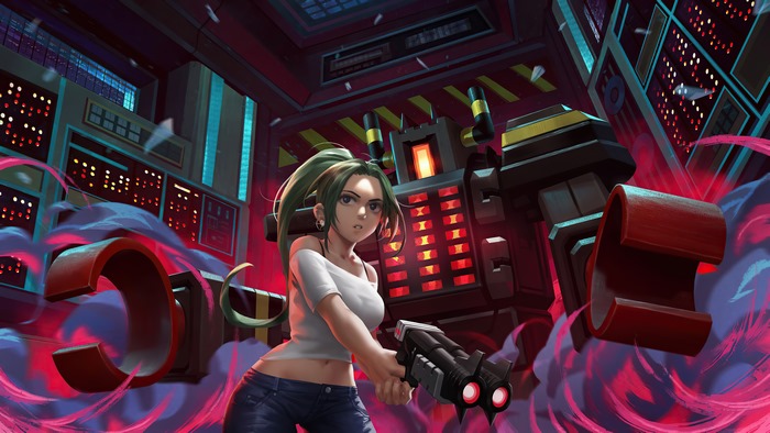 Girl with gun in a futuristic room