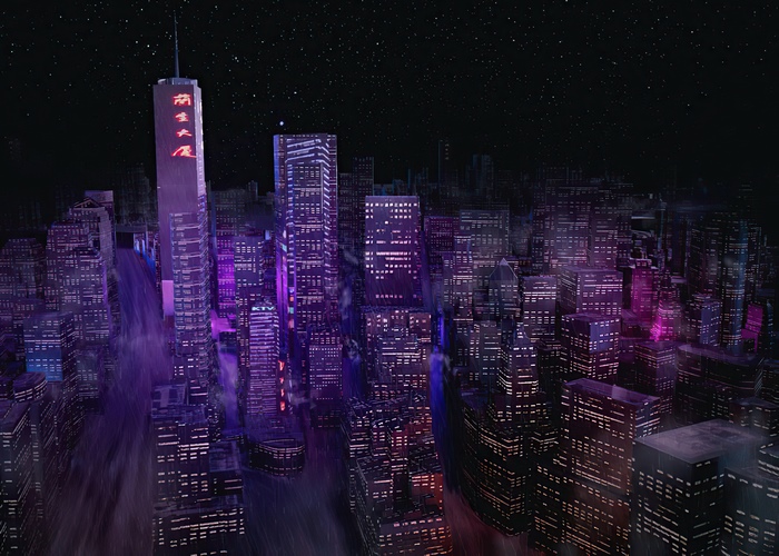 Cyberpunk Cityscape at Night with Stars