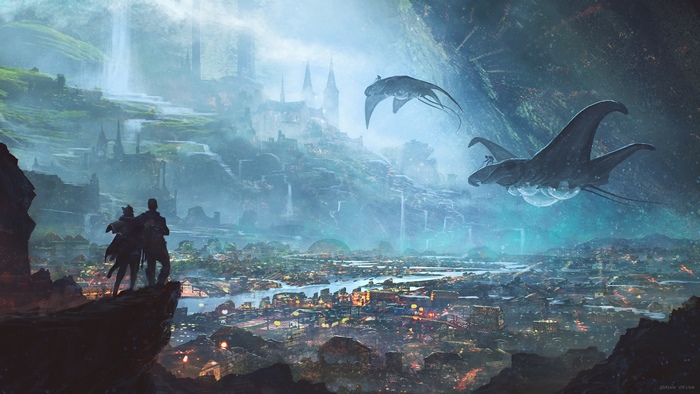 Fantasy Cityscape with Flying Creatures and Waterfalls