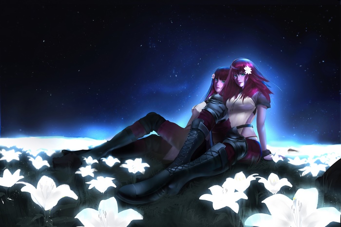 Two women in a field of glowing lilies under a starry sky