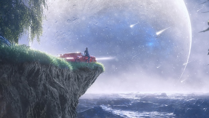 Person in car on cliff overlooking ocean and moon