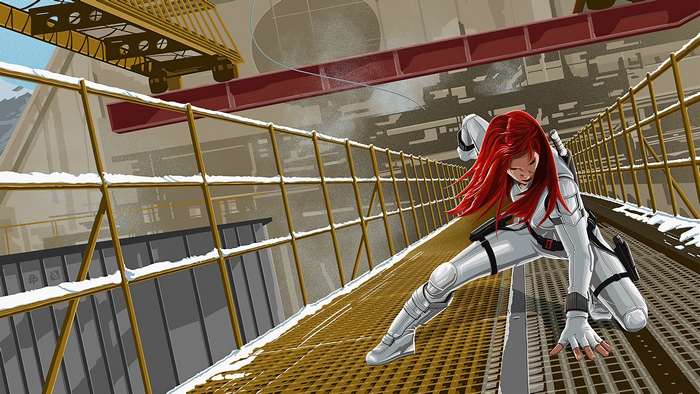 Black Widow in white suit on industrial walkway