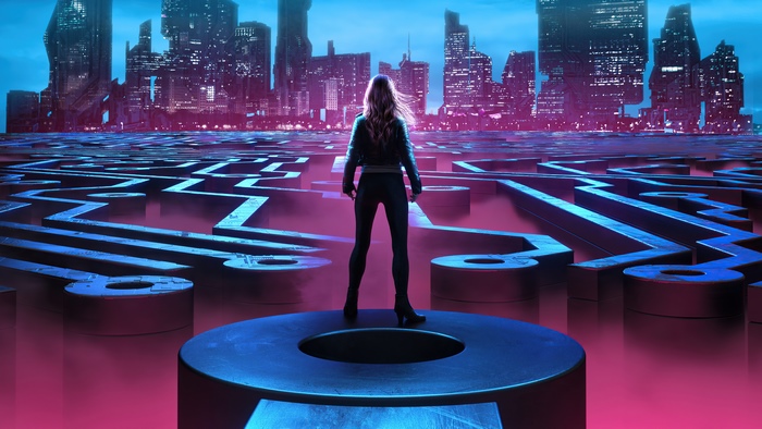 Woman in Maze with Futuristic City Background