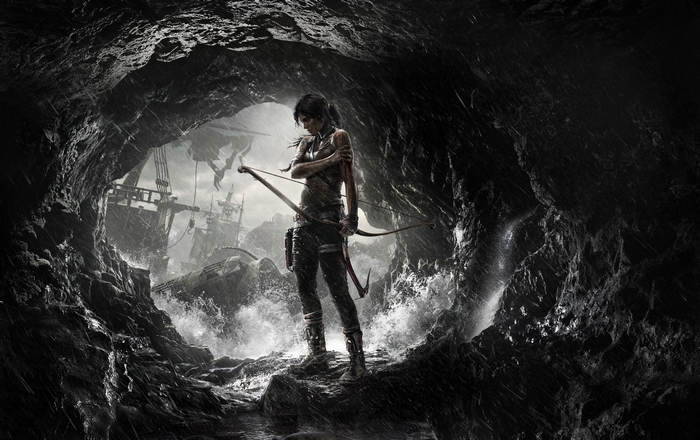 Lara Croft from Tomb Raider in a cave with ships