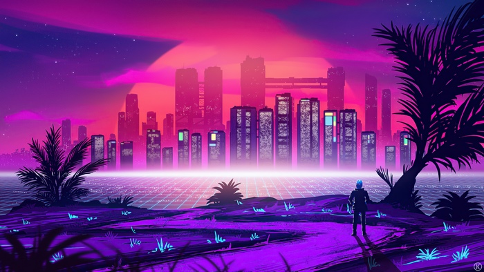 Synthwave cityscape with a lone figure