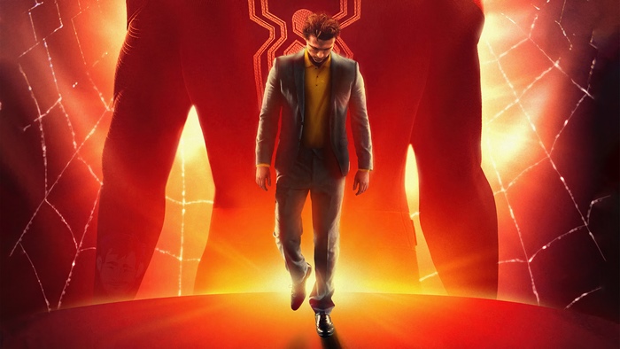 Spider-Man in a suit with Spider-Man costume behind