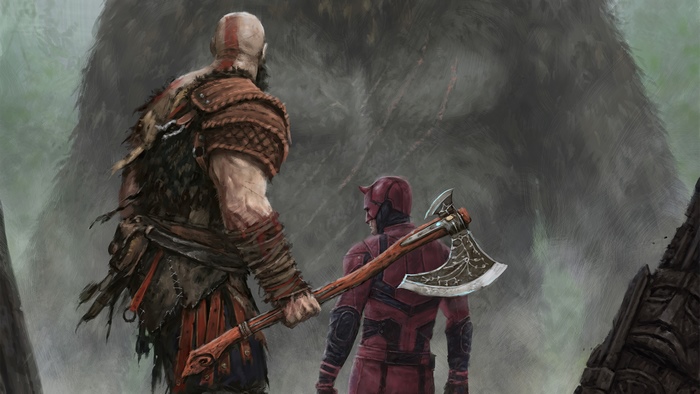Kratos and Daredevil facing King Kong