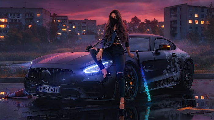 Woman with mask and baseball bat on Mercedes sports car