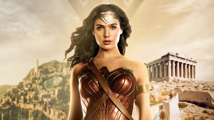 Wonder Woman in front of ancient Greek ruins