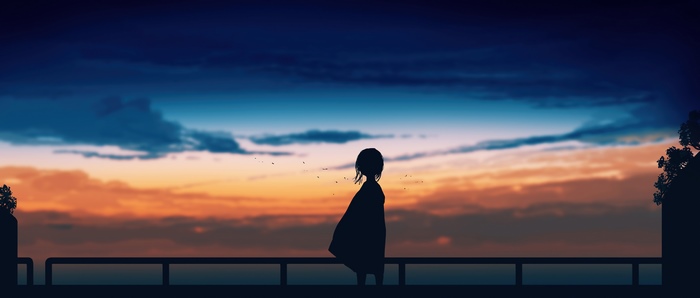 Anime girl silhouette at sunset on a balcony