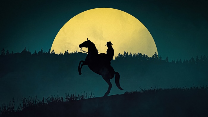 Cowboy on a rearing horse in front of a large moon