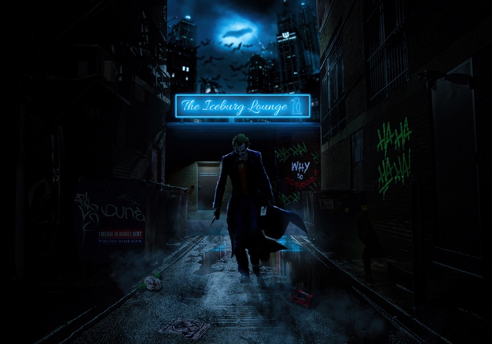 The Joker in a dark alley with The Iceburg Lounge sign