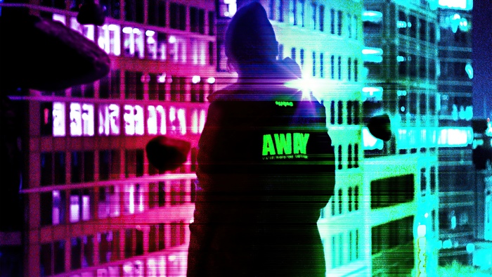 Person wearing AWAY hoodie in cyberpunk city