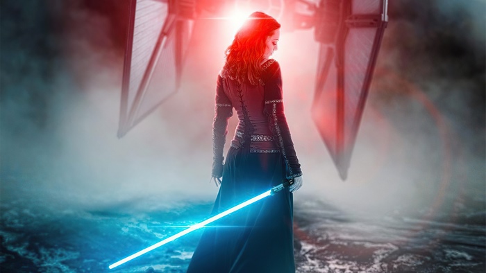 Warrior with blue lightsaber and red tie fighters