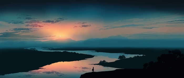 Digital art of a sunset over a river