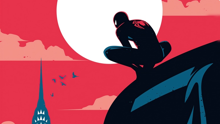 Spider-Man sitting on a cliff overlooking a city