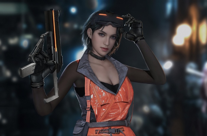 Sci-fi artwork of a woman with a gun