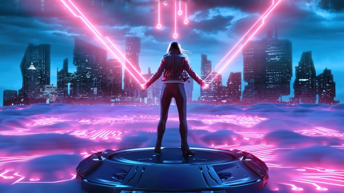 Woman controlling neon energy in futuristic city