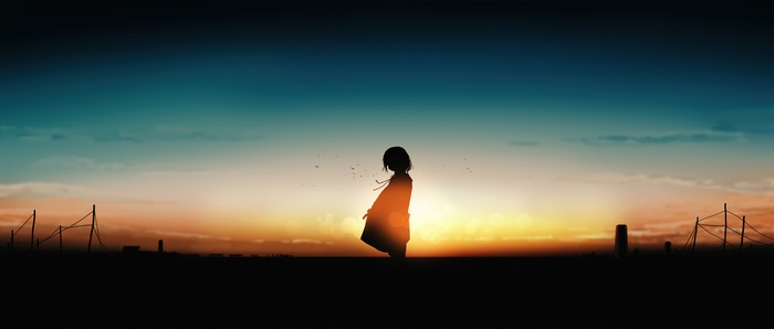 Anime girl silhouette at sunset