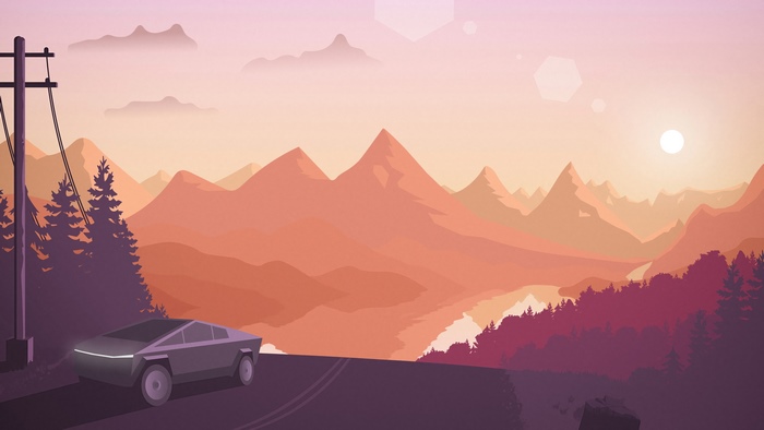 Minimalist Tesla Cybertruck on a mountain road at sunset