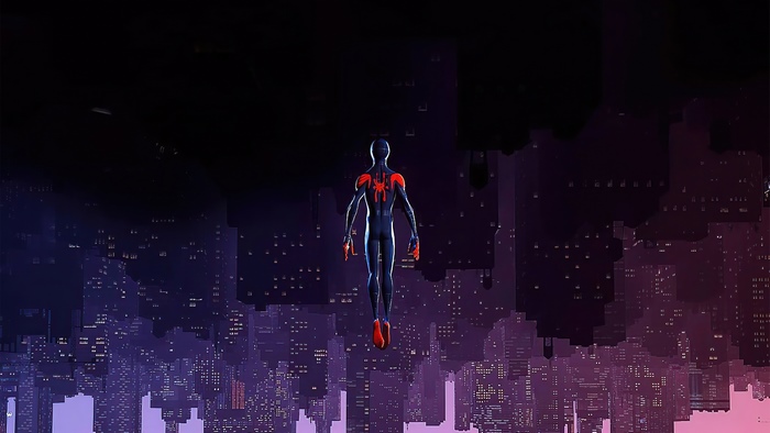 Spider-Man from Spider-Verse flying over a city