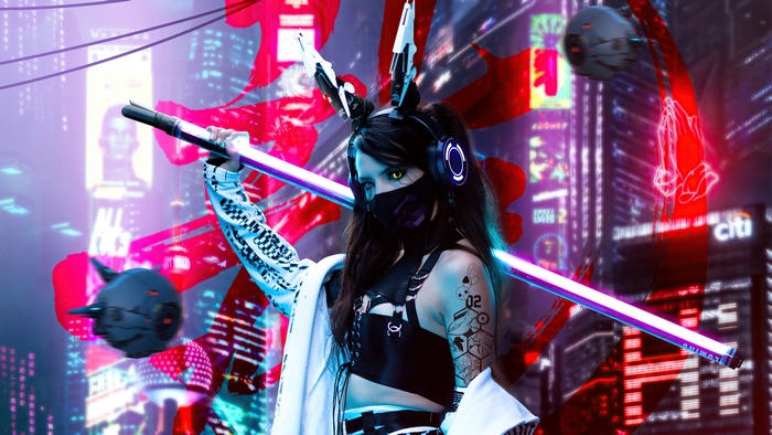 Cyberpunk woman with neon sword in futuristic city