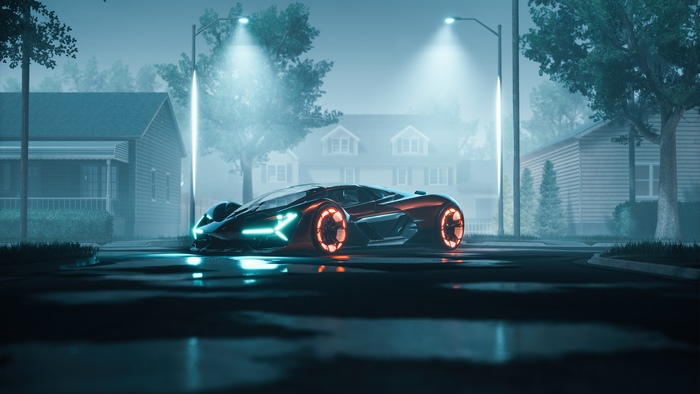 Lamborghini Terzo Millennio concept car on wet street