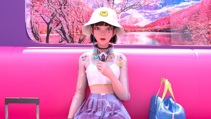 Anime girl in bucket hat on a train