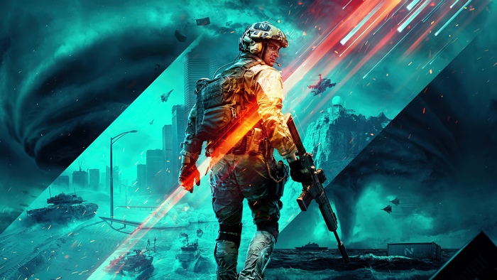 Soldier in Battlefield 2042 with Tornado and Cityscape