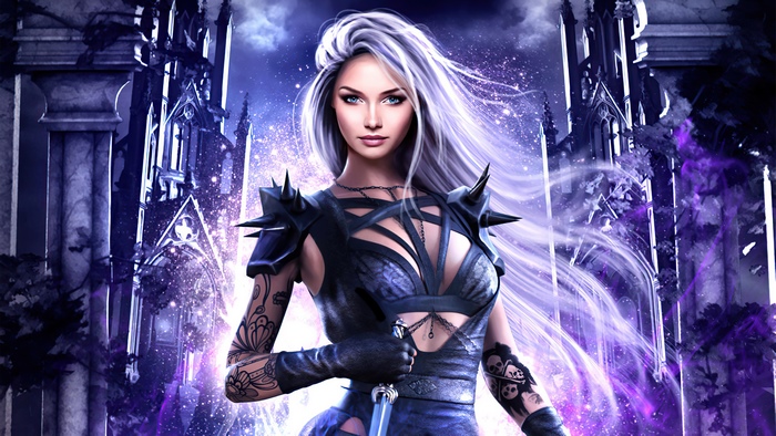 Fantasy girl with sword in front of gothic architecture