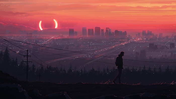 Man walking in front of city skyline during sunset with eclipse